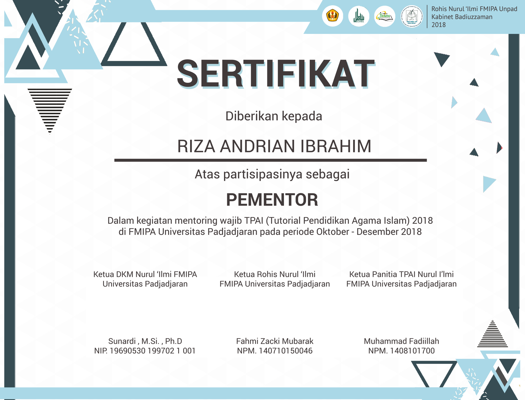 Template Sertifikat Pementor dan Pemateri Mentoring TPAI FMIPA Unpad